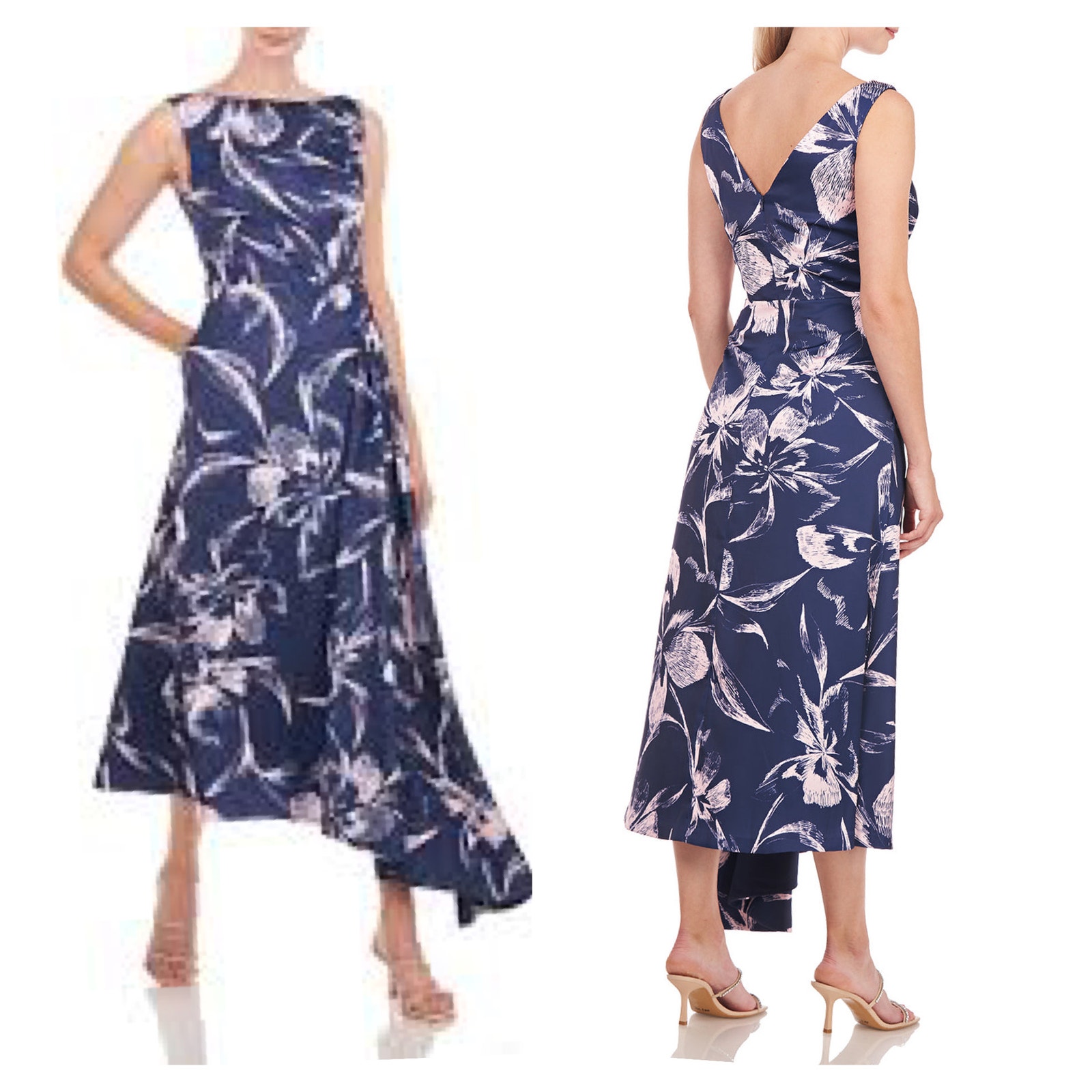 Kay Unger Emmaline Tea Length Dress Navy Pink Floral Draped Sash Bateau Neck 10